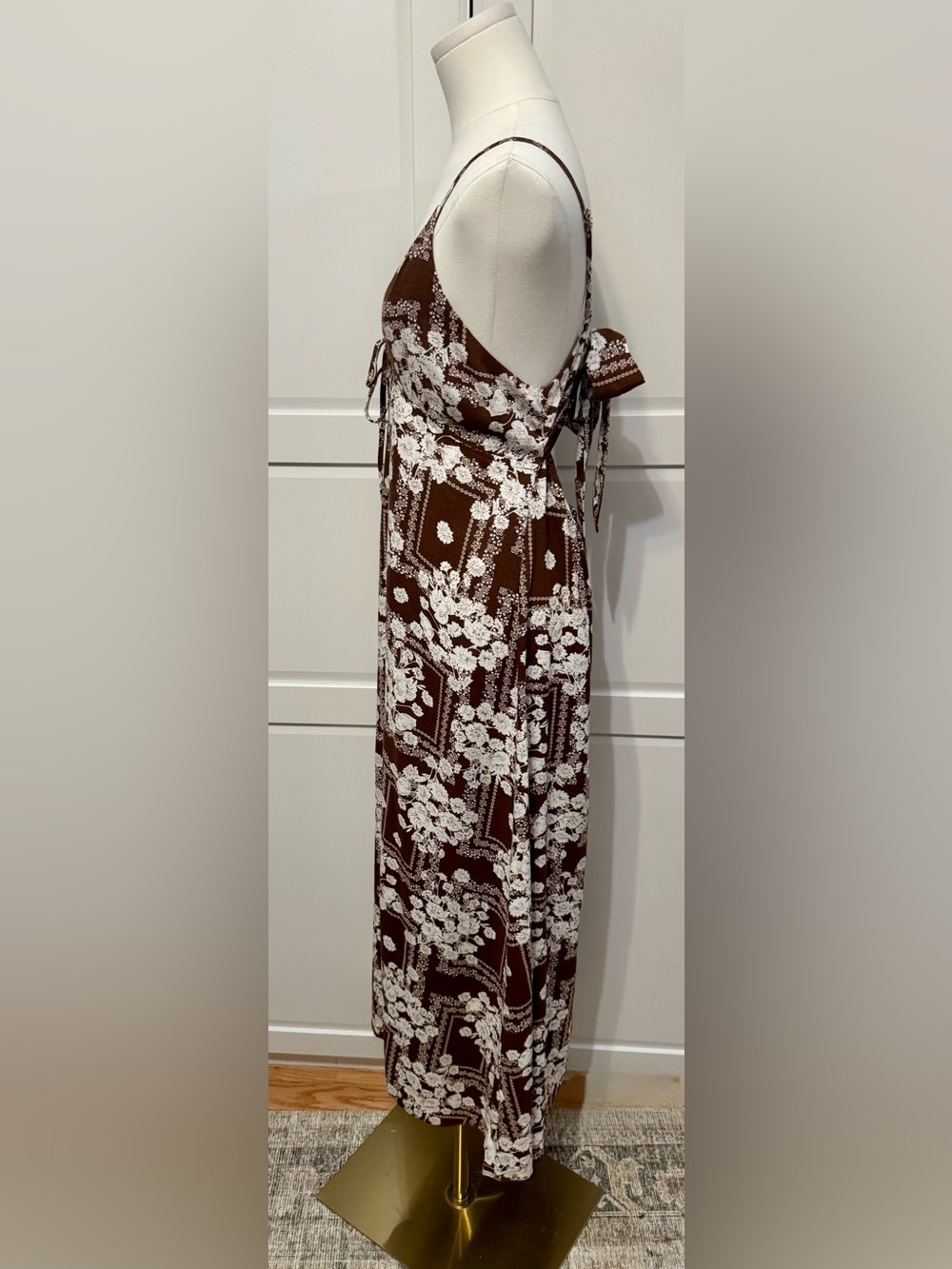 Anthropologie Paper Heart Botanical Stamp Brown Maxi Dress Spaghetti Straps L‎ - Picture 3 of 6